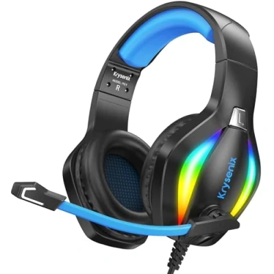 Immagine di Krysenix PG1 Cuffie Gaming per PS4/PS5/PC/Nintendo Switch/Xbox, Xbox One con Microfono Stereo AI, PS5 jack da 3,5 mm e Luce RGB, Nero/Blu