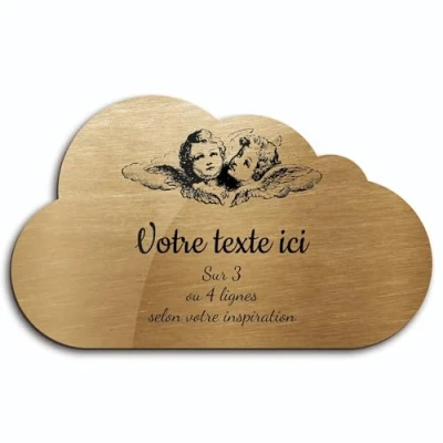 Immagine di Targhetta con scritta &quot;Due teste d&#039;angelo&quot; autoadesiva, modello nuvola (20 x 12 cm) personalizzata da 1 a 3 righe, oro spazzolato