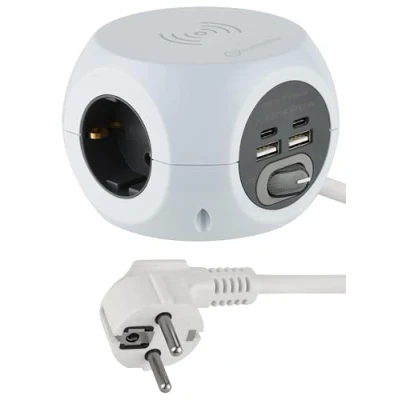 Immagine di Electraline 62079, Multipresa Mini Cubo con Caricatore Wireless rapido, Fast Charger Qi, 3 porte USB 2.4A e prese Schuko/tedesca, Cavo 1,5M, Spina Schuko/tedesca