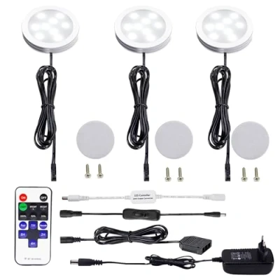 Immagine di AIBOO LED Luce Sottopensile Cucina Dimmerabile con Telecomando RF Wireless, Illuminazione A da Incasso per Armadio, EUR Spina, 3 Luci Display, 12V 6W Under Vetrine(Bianco Freddo 6000K)