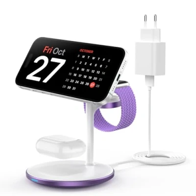 Immagine di stazione di ricarica induttiva 3 in 1 per più dispositivi, Mag Safe iPhone 15 14, iWatch Ultra 2/1/Series 9,viola