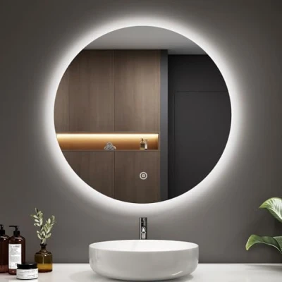 Immagine di EMKE specchio da bagno con illuminazione, rotondo, 60 cm, LED interruttore touch, dimmerabile, 6500 K, spegnimento automatico, 3 ore, rotondo IP44,