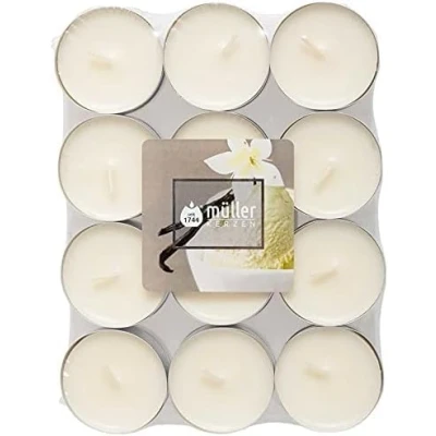 Immagine di Müller Tealights Candele Profumate Fragranza Vaniglia 39 x 15 mm Durata 4 Ore Lumini di Cera Colore Avorio Set 24 Candeline