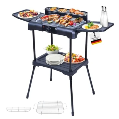 Immagine di Sommertal BBQ231 Barbecue elettrico da balcone, 2200 W, campeggio, 2 in 1, con supporto, regolazione della temperatura continua, superficie di appoggio, riscaldamento rapido, protezione dal vento