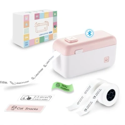 Immagine di vretti stampante per etichette, portatile ricaricabile, etichette Bluetooth, casa, scuola e ufficio, compatibile con Android iOS (3 rotoli di carta)