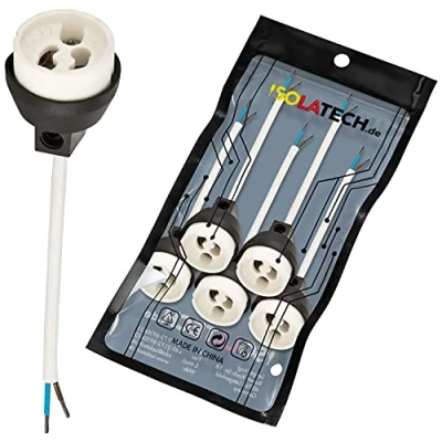 Immagine di ISOLATECH GU10 prese in ceramica antincendio VDE RoHS 230 250 Volt 2A max.100W 0,75mm 2 cavi LED Alogena (qui: 5 pezzi)