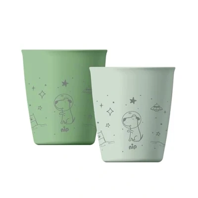 Immagine di nip Green Eco Set di 2 bicchieri per bambini a partire da 1 anno, infrangibili, adatti al microonde e alla lavastoviglie, senza BPA, melammina, sostenibili, motivo animali, verde chiaro