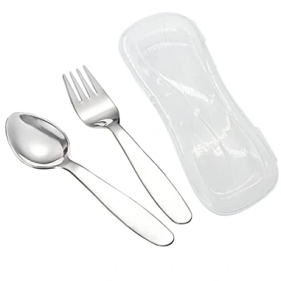 Immagine di VANRA Set di 2 cucchiai per forchetta bambini con custodia da viaggio portapranzo, in acciaio inossidabile 18/8, posate utensili la scuola (cucchiaio forchetta)