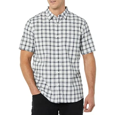 Immagine di Amazon Essentials Camicia in Popeline a Maniche Corte Slim Uomo, Blu Marino Bianco Motivo Scozzese, XS