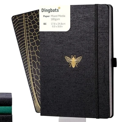 Immagine di Dingbats* Pro B5 Taccuino Bianche Grande Quaderno Con Copertina in Tessuto Nero, Rilegatura a Filo Portapenne, Segnalibro, Chiusura Elastico