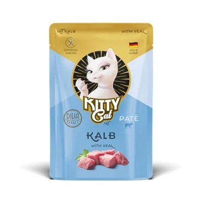 Immagine di KITTY Cat Paté Vitello, 6 x 85 g, Cibo umido per gatti, senza cereali, con taurina, olio di salmone e cozze verdi, mangime completo ad alto contenuto carne, Made in Germany