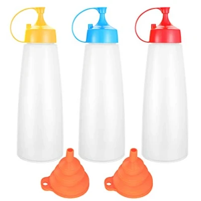 Immagine di 3 Pezzi di Bottiglie Spremiaglio con Tappo a Vite, 500 Ml Dispenser Sciroppo d&#039;Acero, Distributore Ketchup, Bottiglia Plastica Spremibile per Maionese, Salsa Calda, Senape, Imbuto