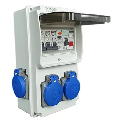 Immagine di RoadEu distributore di corrente 230V 4 prese Schuko indicatore LED rosso interruttore protezione Fi 40A magnetotermico C 16A, energia IP44.