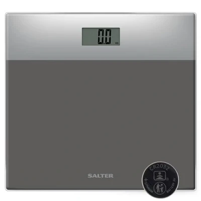 Immagine di Salter 9206 SVSV3R Bilancia elettronica in vetro, capacità massima 180 kg, piattaforma vetro temprato, display LCD di facile lettura, attivazione step on, batterie incluse, argento/bianco