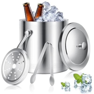 Immagine di Auauraintt 2L secchiello per ghiaccio in Acciaio Inox, con coperchio, pinze, colino e manico, isolato a doppia parete, feste, birra, cocktail bar, vino fresco, champagne