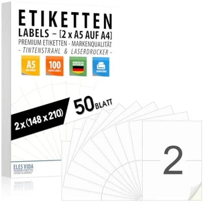 Immagine di 50 fogli di etichette autoadesive DIN A5 (100 etichette) 2 per foglio A4 210 x 148 mm, stampabili, superficie bianca opaca, compatibili con stampanti a getto d’inchiostr e laser MADE IN GERMANY