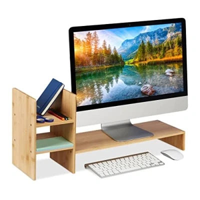 Immagine di Relaxdays Supporto per Monitor in bambù, Organizer con 4 Scomparti, Base Rialzata PC, HxLxP: 30x67x20 cm, Naturale, 1 pz