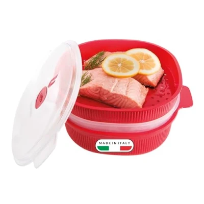 Immagine di Snips 020998 4LT, Vaporiera con 2 Vassoi, Contenitore per Microonde, Colore Rosso, Linea Tempozero, 26.5 x 22 13.5 cm, Made in Italy, Plastica