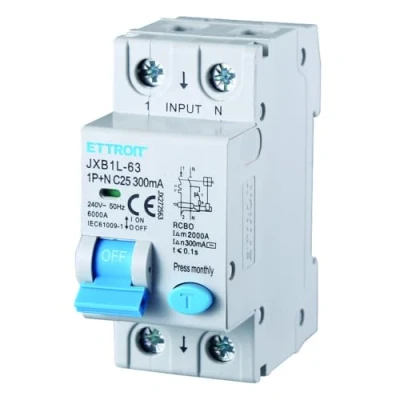 Immagine di Interruttore magnetotermico differenziale salvavita, 1P+N, occupa 2 moduli DIN, 220V 230V, 25A C25, 300mA, 6KA 6000A, RCBO