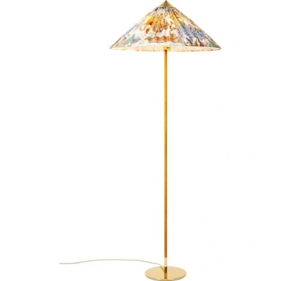 Immagine di Lampada da terra Gubi 9602, ottone/rattan, paralume in tessuto Pierre Frey