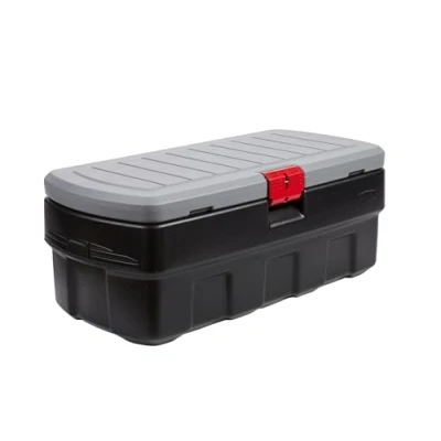 Immagine di Rubbermaid ActionPacker Cestino portaoggetti in plastica con serratura, industriale, robusto, grande contenitore coperchio (nero, grigio)