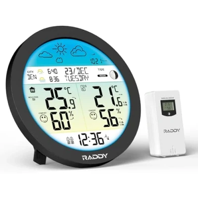 Immagine di Raddy DT7 Stazione Meteo Senza fili con Sensore Esterno, meteorologica ampio display a colori HTN, orologio DCF, doppi allarmi, previsioni meteo, avviso gelo