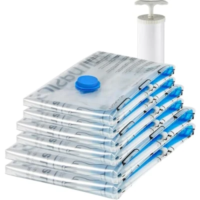 Immagine di Amazon Basics Sacchetti sottovuoto con pompa a mano, Cerniera, confezione da 6 (2 jumbo, 2 grandi, medi) Molteplici, Trasparente