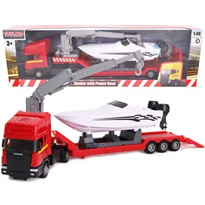 Immagine di Toyland® Camion trasportatore a cassone piatto Scania con barca motore Scala 1:48 Ruota libera (Camion rosso)