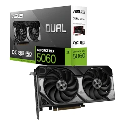Immagine di ASUS DUAL NVIDIA GeForce RTX 5060 OC Edition, Scheda Grafica da 8 GB GDDR7, 128 Bit, PCIe 5.0, 2,5 Ventole Axial Tech, 1 HDMI 2.1, 3 DisplayPort GPU Tweak III, Bianco, RTX5060 O8G