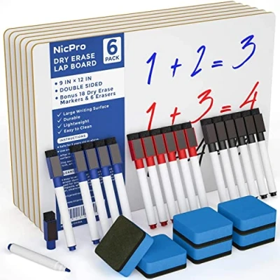 Immagine di Nicpro 6 Pezzi Lavagna Cancellabile 22 x 30 cm, A4 Piccola Bianche Con 18 Colori Pennarello, Gomma a Secco Per Bambini Disegno, Scuola, Casa, Ufficio Doppia Faccia Mini