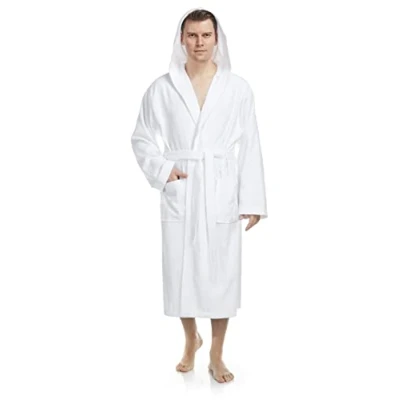 Immagine di Arus Pacific Accappatoio da uomo con cappuccio, lunghezza al polpaccio, 100% cotone spugna, Taglia uomo: L, unisex: L XL, Bianco