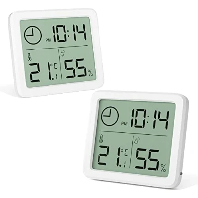 Immagine di Gvolatee 2 pezzi Mini Termometro Digitale Ambiente Interno, Igrometro Portatile Grande Schermo con Orologio, Bianco Preciso Termoigrometro, Misuratore Umiditàper Casa, Cameretta, Ufficio, Serra