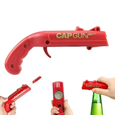 Immagine di Apribottiglie a forma di pistola giocattolo con lanciatappi, ideale per aprire bottiglie birra, bar e feste, lancia i tappi oltre 5 metri