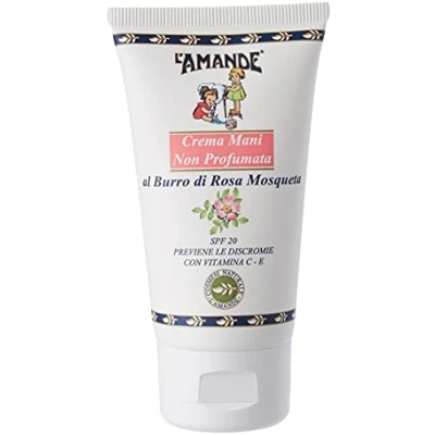 Immagine di L&#039;AMANDE Crema Mani Secche e Screpolate con Vitamina C Protezione Solare 20, Idratante Fresca Delicata contro Inestetismi Scottature, Azione Antimacchia Antirughe Rosa Mosqueta 75 ml