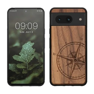 Immagine di kwmobile Custodia Compatibile con Google Pixel 8 Cover Back Case in Legno Bumper Silicone TPU Bussola vintage marrone scuro