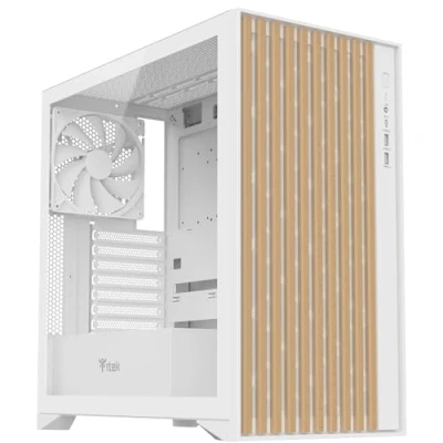 Immagine di Itek case WOODY Gaming Tower, ATX, 3x14cm White fan, 2xUSB3, Type C, Wood Front, Temp Glass Side Panel, Edition
