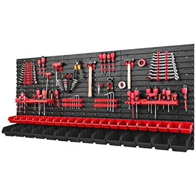 Immagine di PAFEN Cassetta impilabile per attrezzi, 1728 x 780 mm, set di supporti attrezzi e 36 pezzi, scaffalatura officina, a vista, colore: rosso/nero