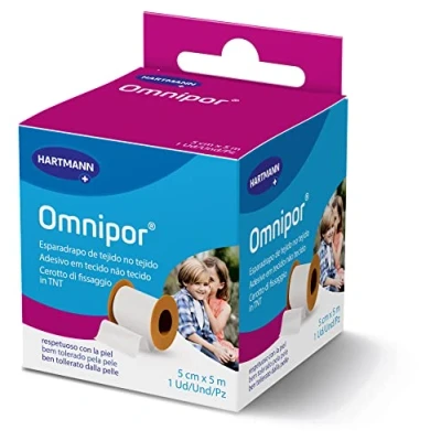 Immagine di Omnipor Cerotto ipoallergenico in TNT rocchetto, poroso, fissaggio di bendaggi, bianco, 5cm x 5m
