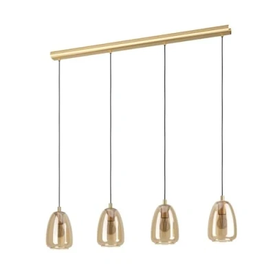 Immagine di Eglo lampada a sospensione Alobrase, luce con 4 luci da sala pranzo, metallo in ottone spazzolato e vetro fumo color ambra, attacco E27, 108 cm