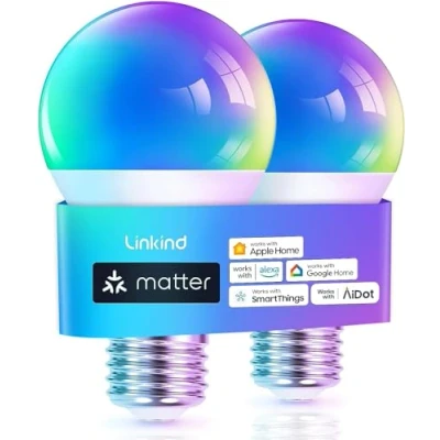 Immagine di Linkind Matter Smart RGBTW Lampadine, Lampada E27 Alexa,9W(Equivalenti a 60 W),Dimmerabile 1800K 6500K Lampadine Multicolore A60,Compatibile con Siri, Google Home, SmartThings,Pacco da 2