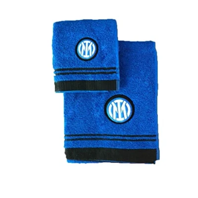 Immagine di Inter, Set 2 Asciugamani Bagno In Spugna Di Cotone con Logo, Asciugamano Viso + Bidet, 100% Cotone, 60x100 40x60, Nero Azzurro, Prodotto Ufficiale