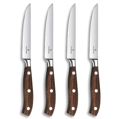 Immagine di Victorinox Grand Maître, set di coltelli professionali da bistecca, 4 pezzi, lama extra affilata, affilatura diritta, 12 cm, elegante manico in legno, acciaio inossidabile, marrone