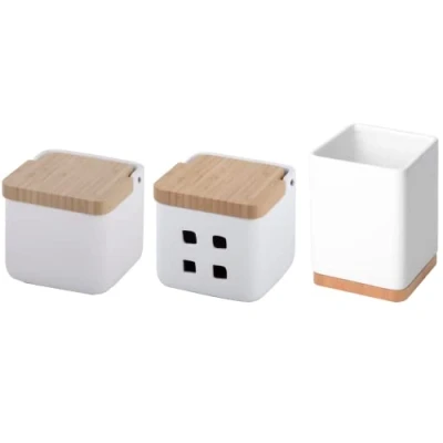 Immagine di KOOK TIME Set accessori da cucina include barattolo porta sale, utensili e aglio sale con coperchio in bambù (Bianco)