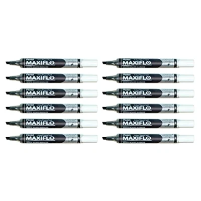 Immagine di Pentel Maxiflo Marcatore cancellabile a secco con punta scalpello, confezione da 12, colore: Nero
