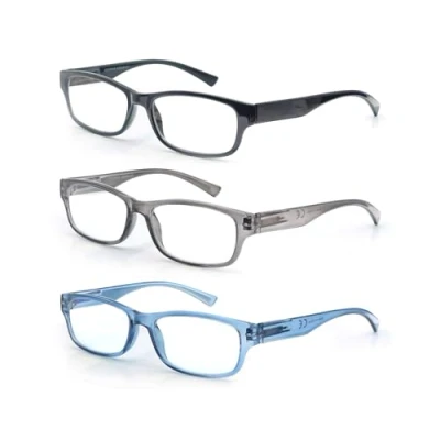 Immagine di MODFANS Confezione da 3 Occhiali Lettura 2.75 Presbiopia Uomo Donna, Lente Trasparente Montatura Rettangolare Cerniera a Molla Leggera Classico Comodo Nero Grigio Blu