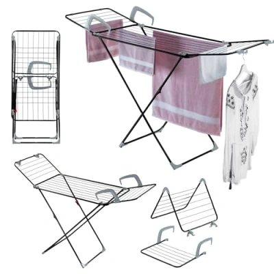 Immagine di KADAX Stendibiancheria Multifunzione 3 in 1, da Pavimento Acciaio con Design Modulare, Stendino Pieghevole Ringhiera (Nero)