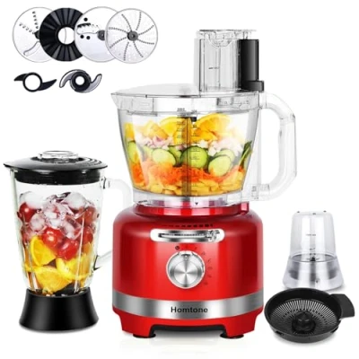 Immagine di Homtone Robot da Cucina Elettrico 10 in 1, Tritatutto 1000 W, Frullatore Vetro 1,5L e Ciotola 3L, per Tagliare, Tritare, Grattugiare, Mescolare, Purè Impasto, 6 Presenze, Rosso