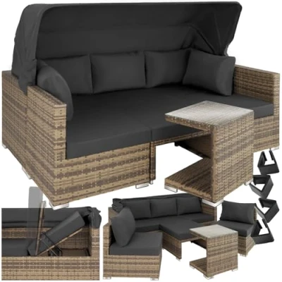 Immagine di TecTake® Lounge in Rattan, Resistente ai Raggi UV, Divano con Parasole Ripiegabile, Schienale Regolabile, Tavolino da Giardino, Componibile, Cuscini per Esterno Naturale