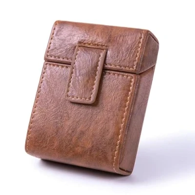 Immagine di Custodia per sigarette in pelle PU con porta accendino, portatile, organizer tabacco, contenitore uomini e donne (marrone)