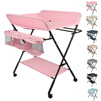 Immagine di OHMG fasciatoio pieghevole per bambini, con ruote, mobile fasciatoio, cintura di sicurezza e scomparti, impermeabile regolabile in altezza, stabile